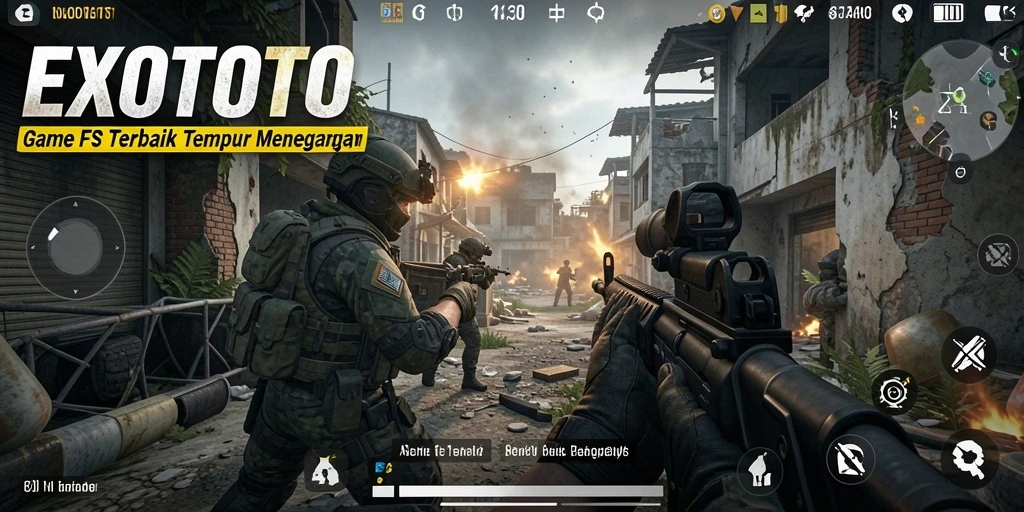 Tampilan gameplay <strong>EXOTOTO</strong> yang menegangkan di medan perang.