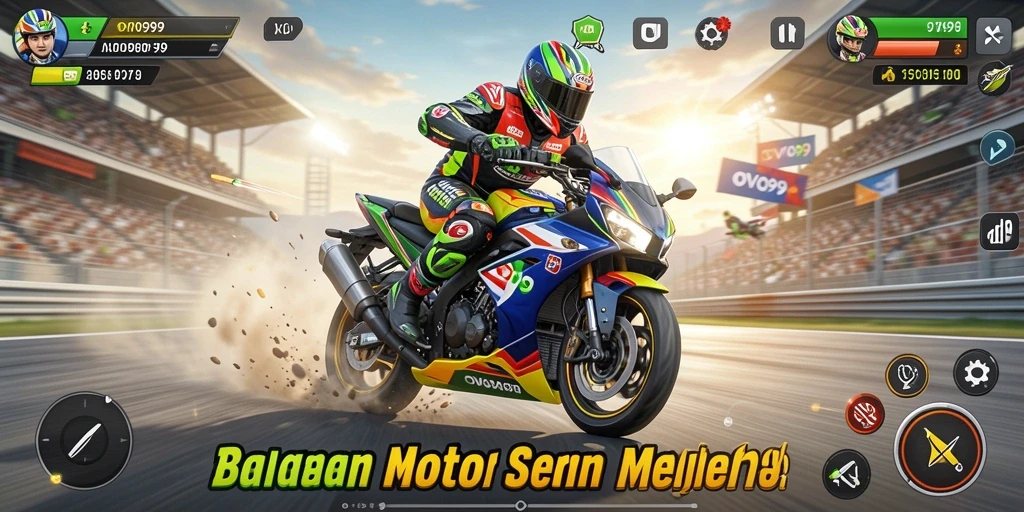 Tampilan gameplay OVO99 dengan aksi balapan motor yang seru.